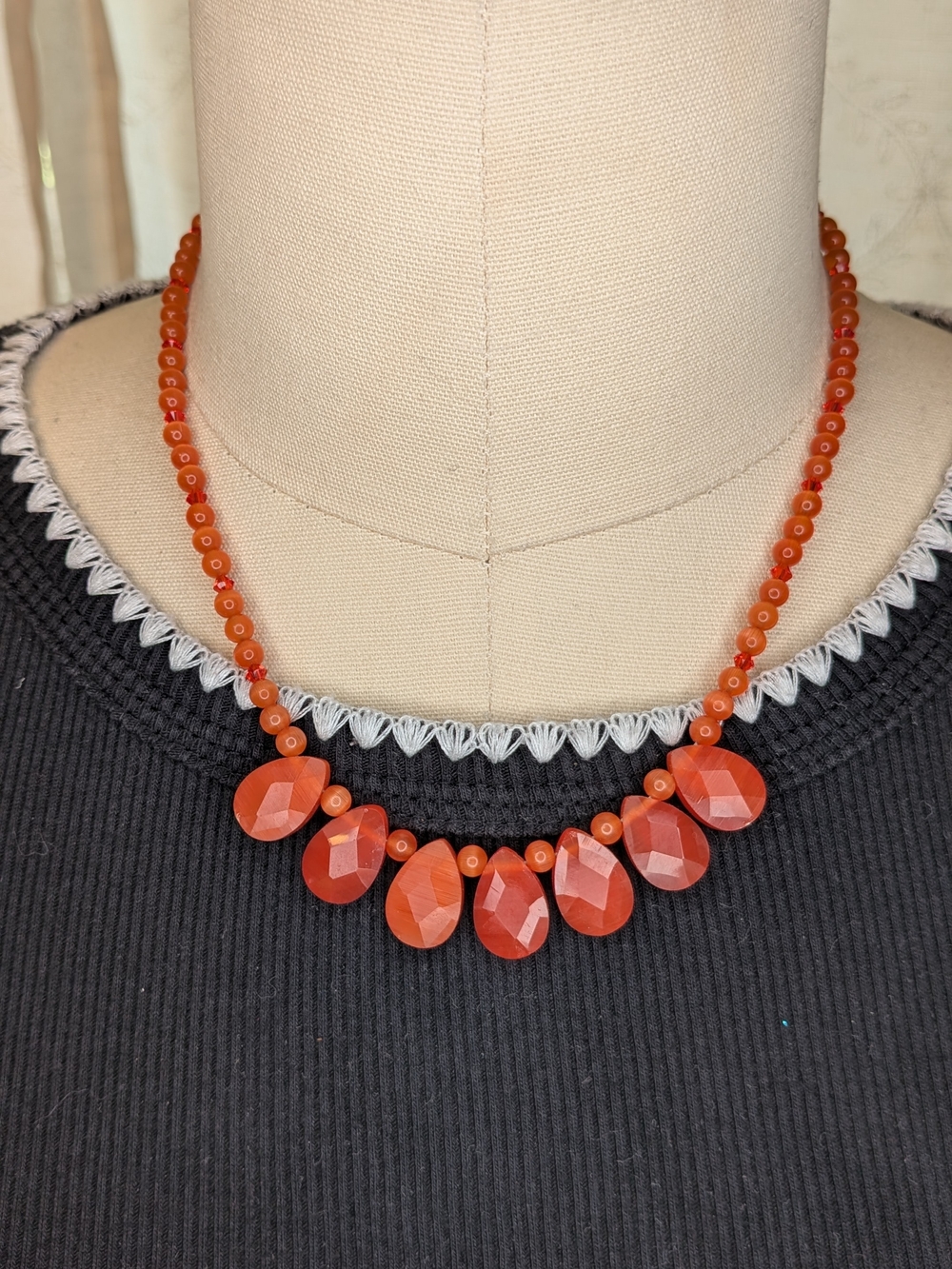 Orange Glass Stone Teardrop Bead Necklace Red Crystal Accents 15 Inch